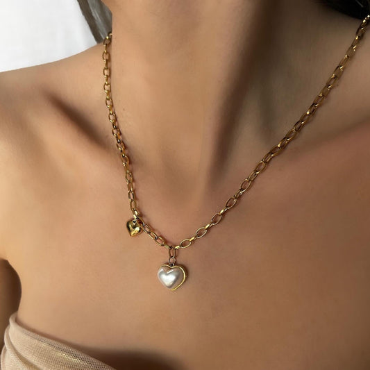 Pearl Heart Pendant Stainless Steel Necklace in Gold