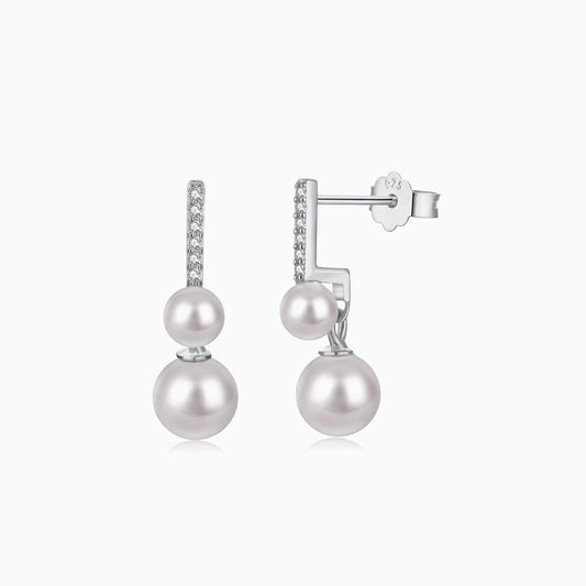 Two Balls Drop Pearl Earings in Silver