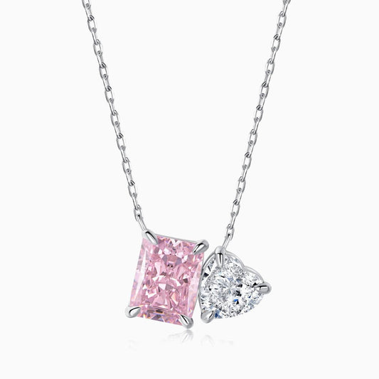 Pink Rectangle and White Heart Shape Necklace in Silver