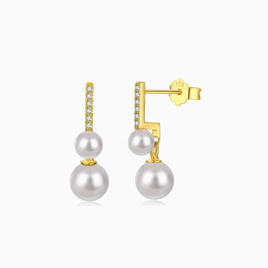 Two Balls Drop Pearl Earings in Gold