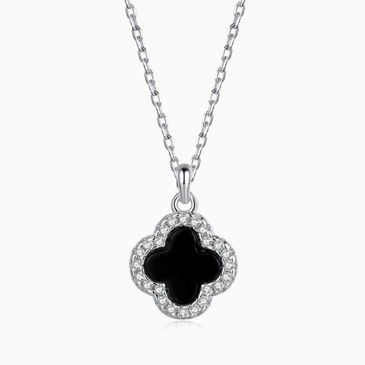 40 cm Black Clover Shape Stone Pendant Necklace in Silver