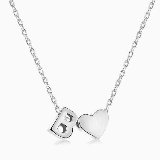 B initial and Heart Necklace in Silver