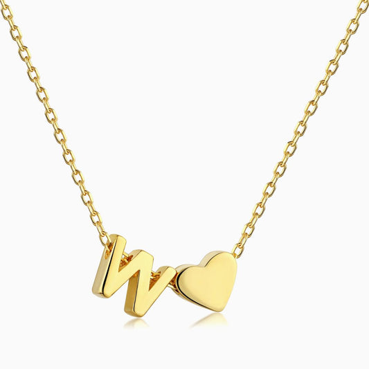 W initial and Heart Necklace in Gold