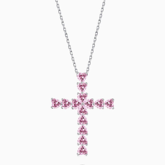 Pink Heart Stone Shape Cross Chain in Silver