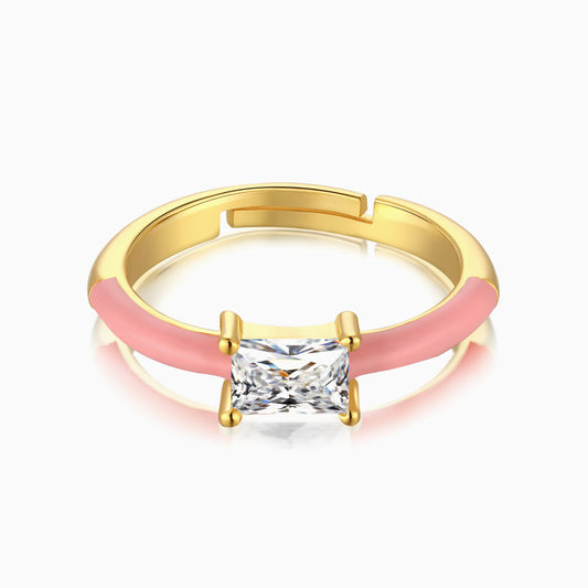 Radiant Cut Ring with a Pink Enamel Band in Gold