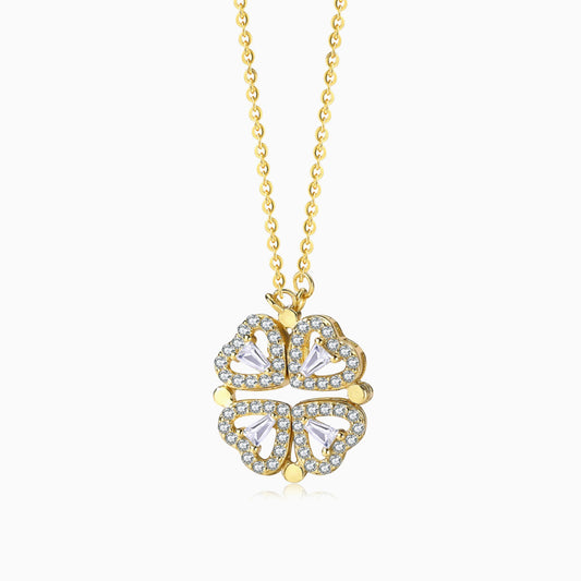 Four Leaf Clover Folded Heart Pendant Necklace in Gold
