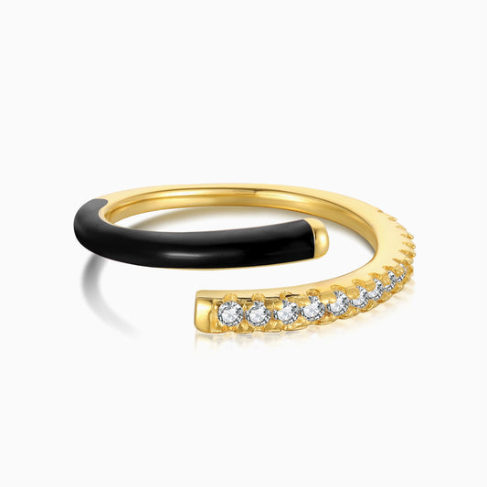 Half Pavé Black Enamel Ring with a Pavé Zirconia Band in Gold