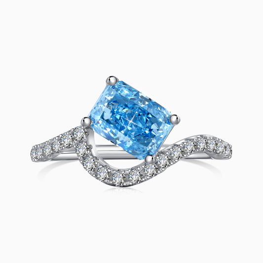 Curve Blue Stone Ring with a Pavé Band in Silver