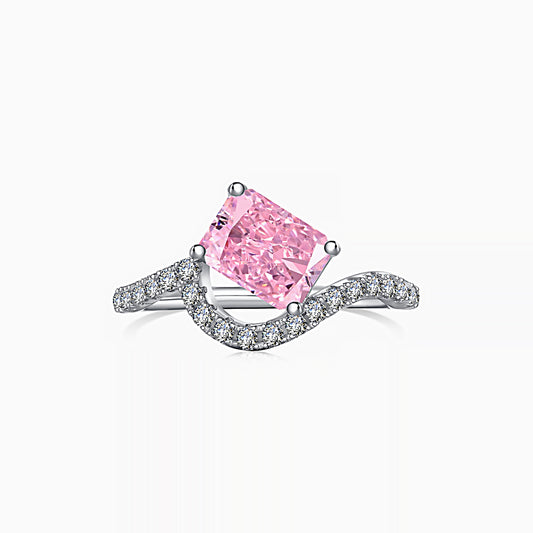 Curve Pink Stone Ring with a Pavé Band in Silver