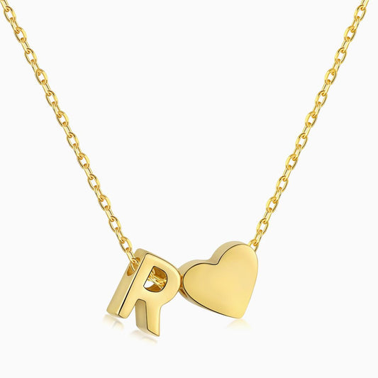 R initial and Heart Necklace in Gold
