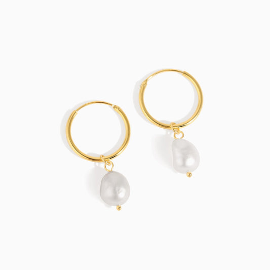 Pearl Drop Hoop Earrings in Gold