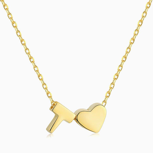 T initial and Heart Necklace in Gold