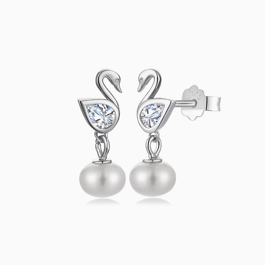Swan Shape and Pearl Drop Earrings in Silver